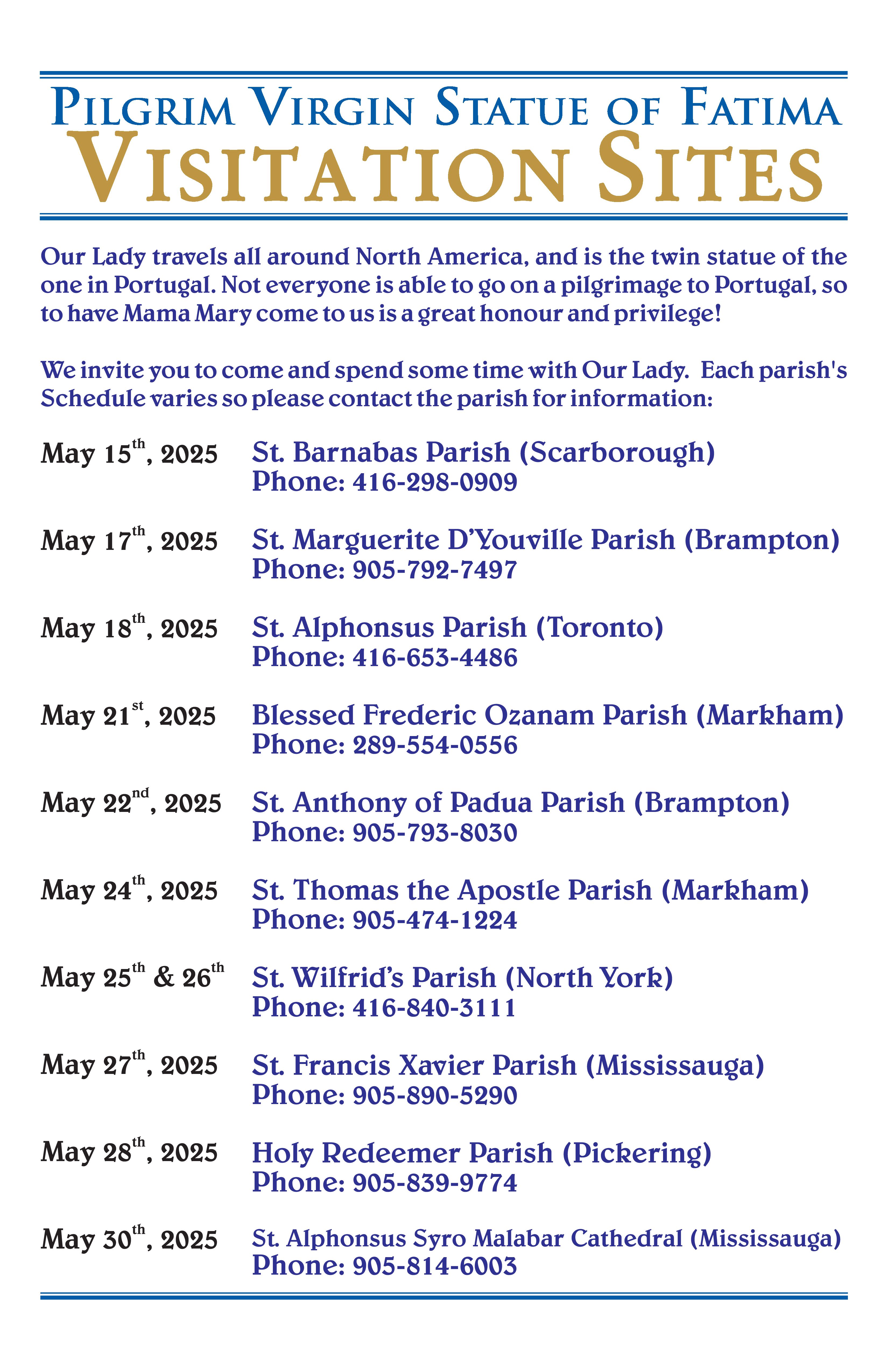 Calendar of Parish Visits